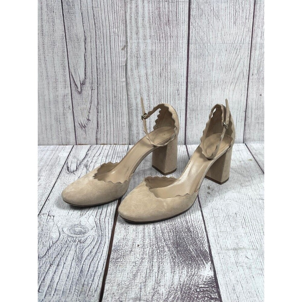 Chloe Lauren D’Orsay Scalloped Block Heel Pumps‎ Nude Lagoon Suede Size 40 Tan